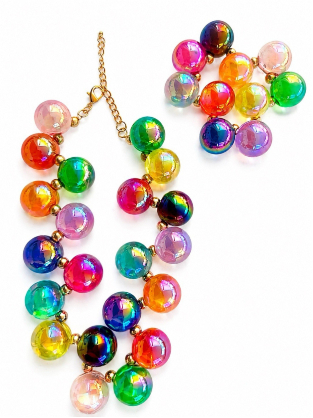 Colorful Iridescent Bubble Bead Necklace Bracelet Set Stretch Rainbow Modern